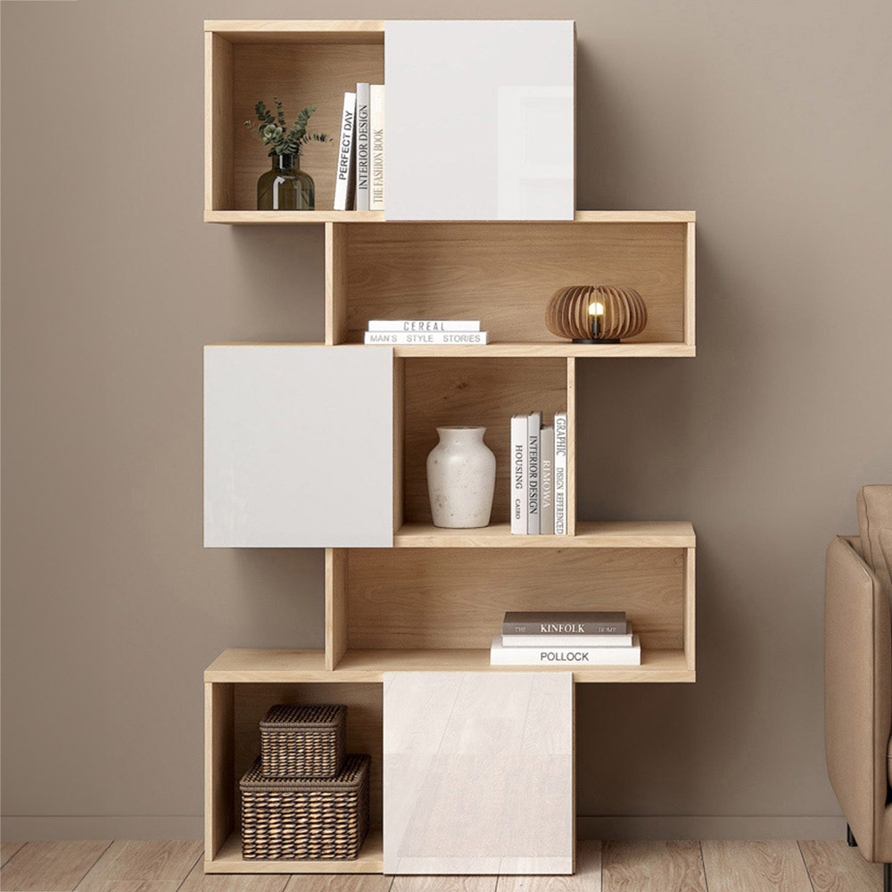 Furniture To Go Maze 3 Door 5 Shelf Jackson Hickory and White High Gloss Asymmetrical Bookcase Image 1