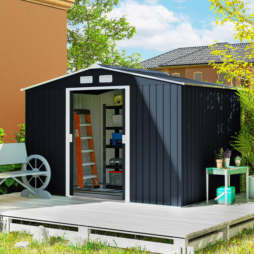 Outsunny 9 x 6ft Black Metal Apex Garden Shed Image 2