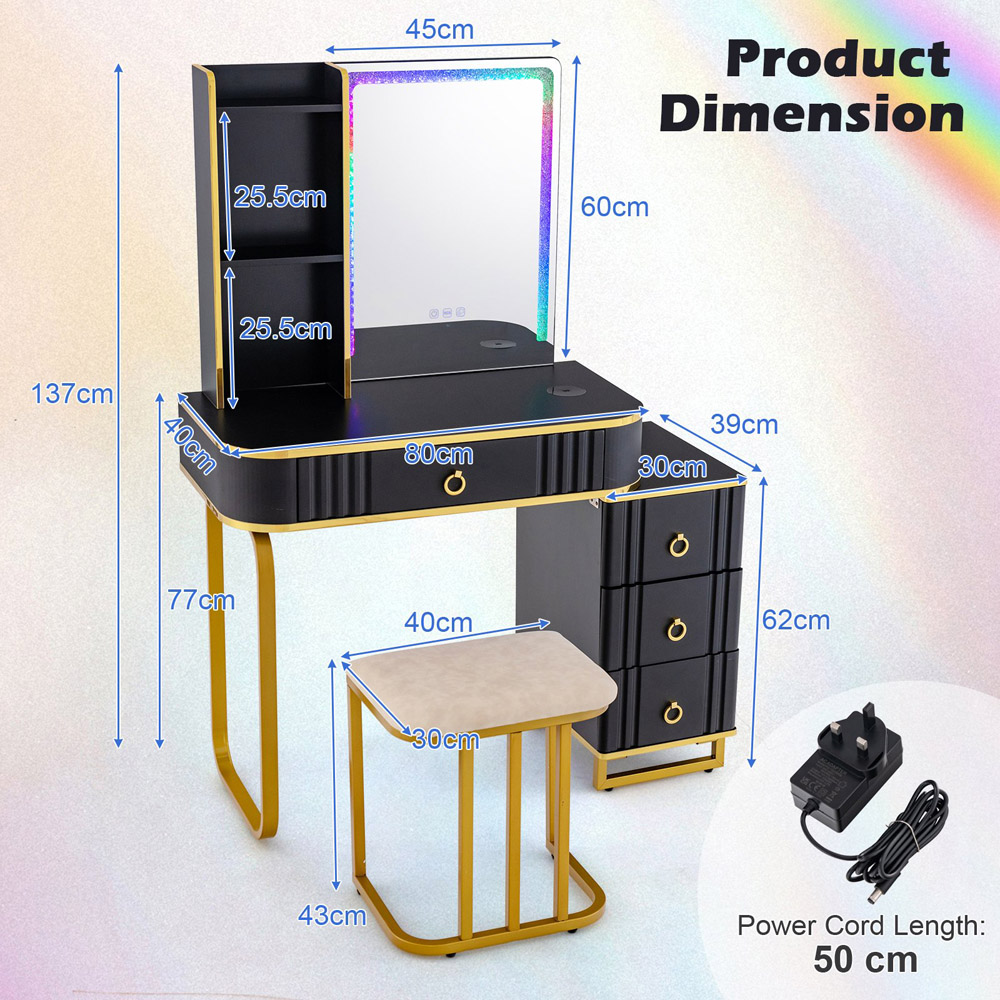 Costway 4 Drawer Black Vanity Dressing Table Set with RGB LED Mirror Image 9