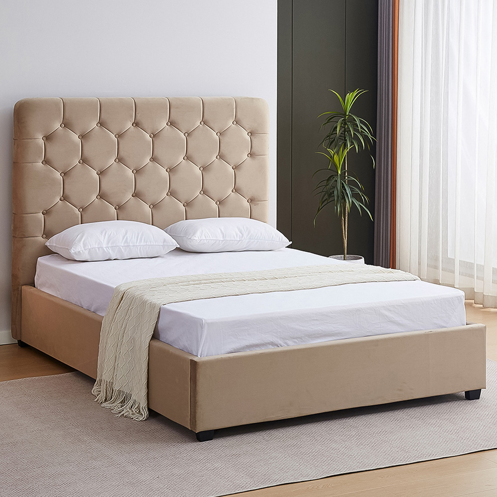 Seconique Madison Double Fawn Velvet Fabric Gas Lift Ottoman Bed Frame Image 1