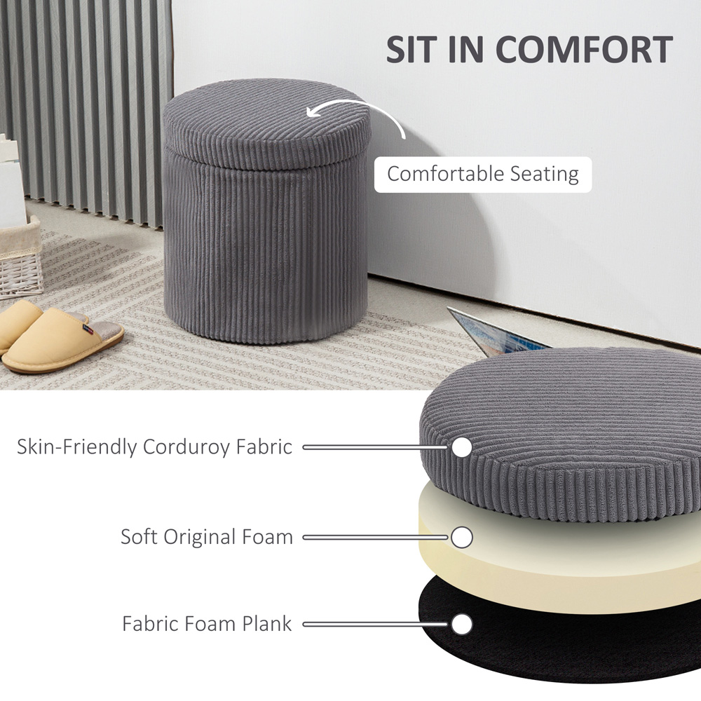 HOMCOM Grey Round Ottoman Vanity Stool with Lid Image 5