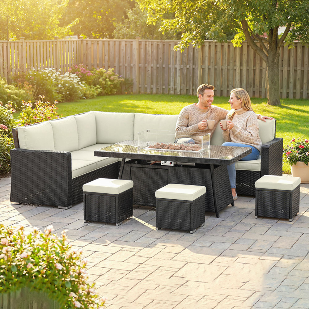 Outsunny 9 Seater White PE Rattan Garden Lounge Set with Fire Pit Table Image 1