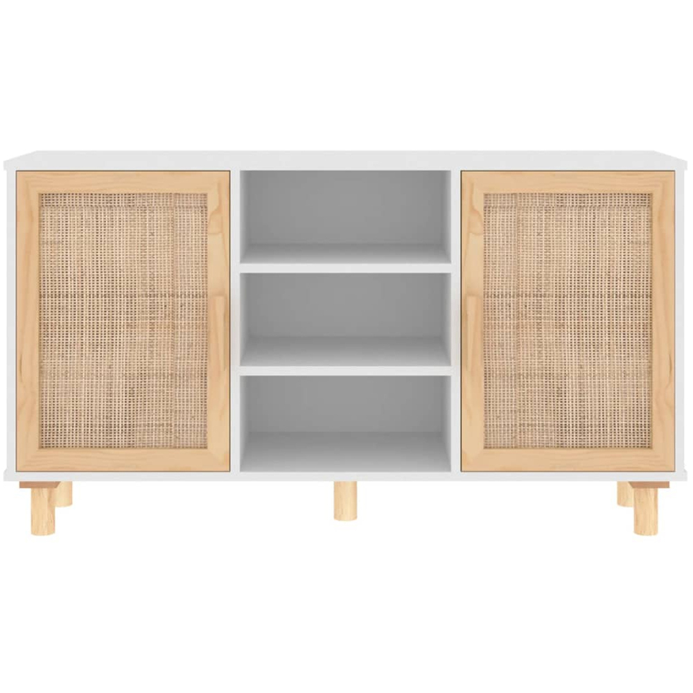 vidaXL 2 Door 3 Shelf White Solid Pine Wood and Natural Rattan Sideboard Image 4