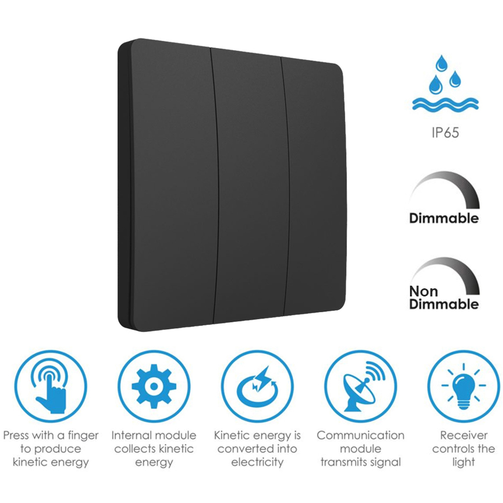 ENER-J 3 Gang Black Wireless Non Dimmable Kinetic Switch Image 6