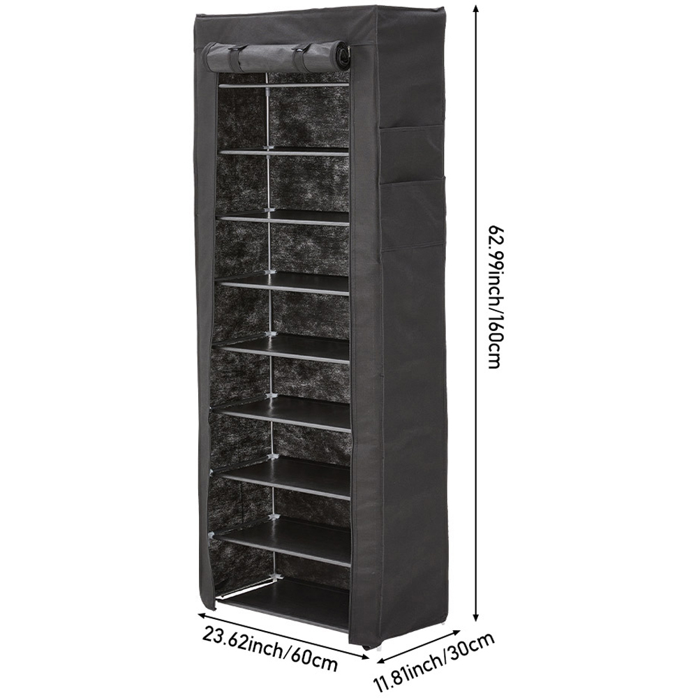 H&O Direct 9 Shelf Black Shoe Cabinet with Roll Up Door and Side Pocket Image 6