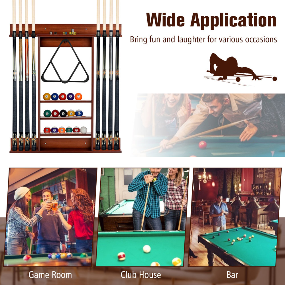 Costway Brown Wall Mounted Billiard Pool Cue Rack Image 4