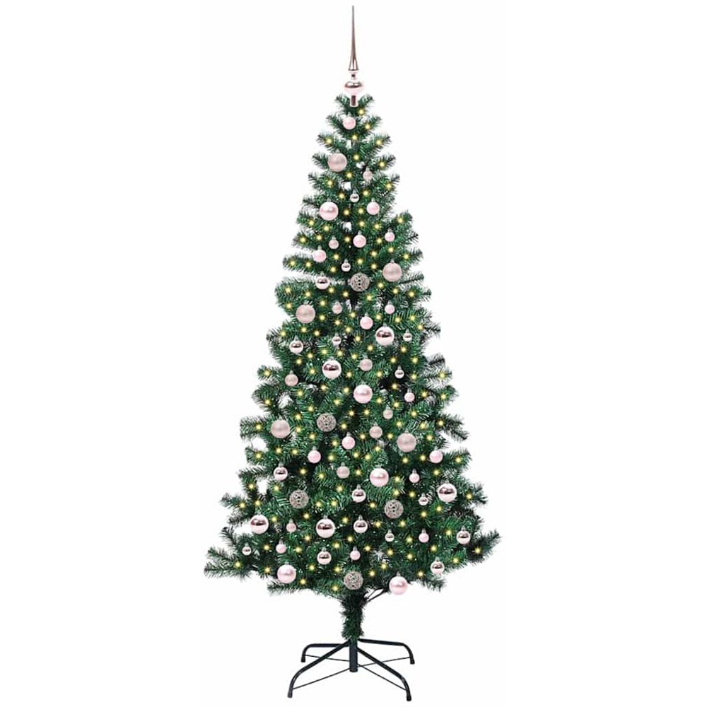 vidaXL Pre-Lit Pink Baubles Green Artificial Christmas Tree 7ft Image 1