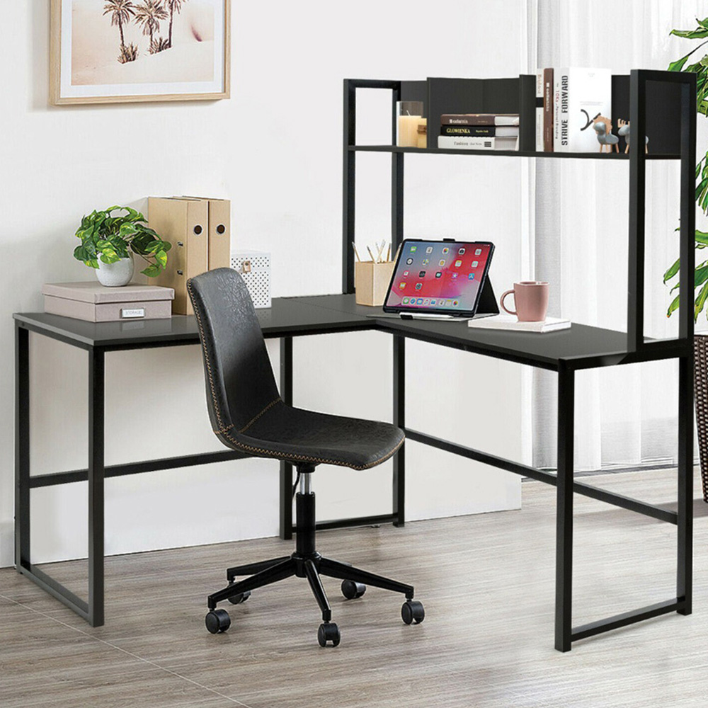 Costway 3 Shelf L Shaped Corner Computer Desk Black Image 1