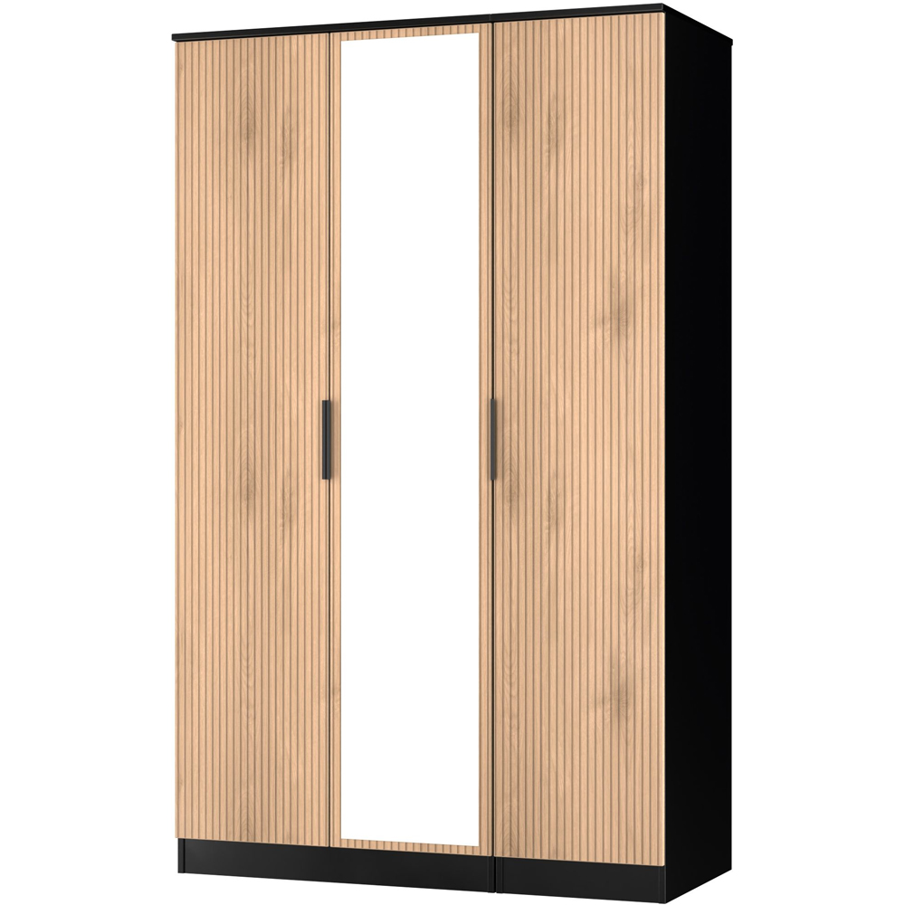 Crowndale Java 3 Door Slatt Effect and Black Tall Mirror Wardrobe Ready Assembled Image 3