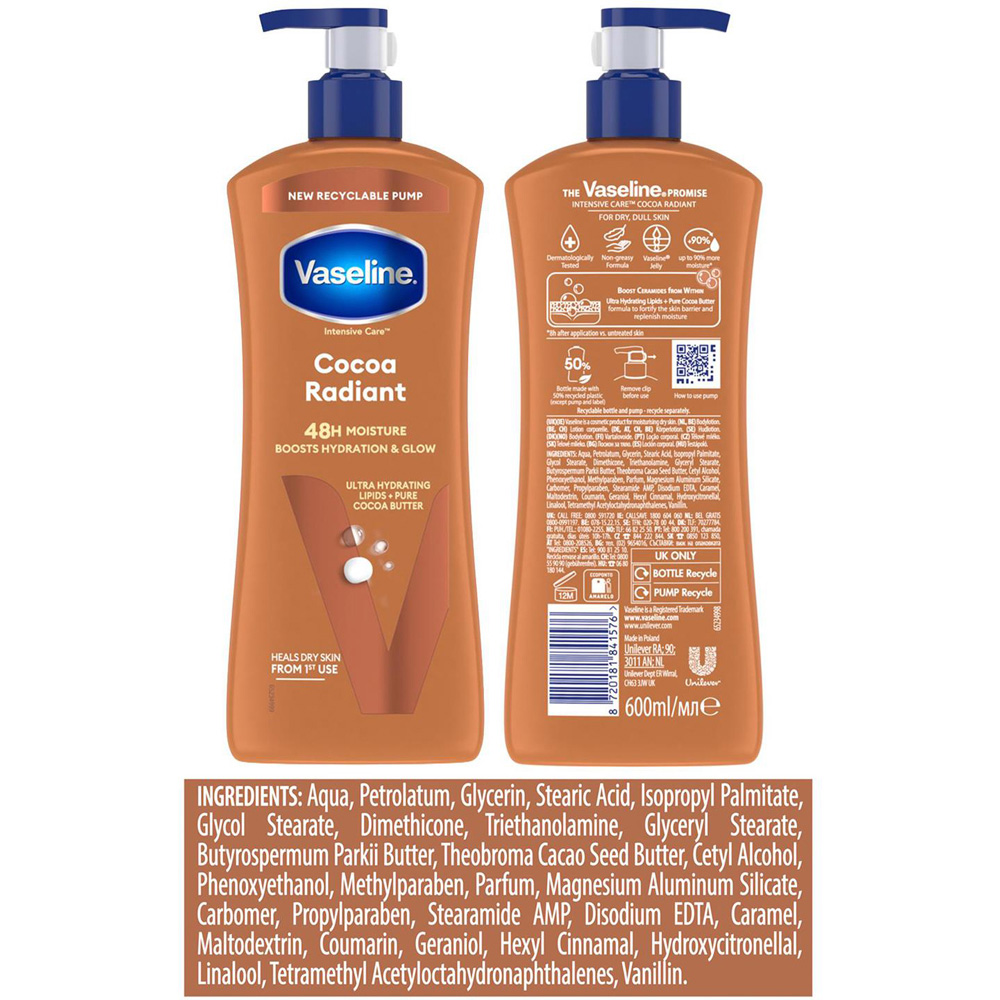 Vaseline Intensive Care Cocoa Radiant Body Lotion Moisturiser 600ml 6 Pack Image 8