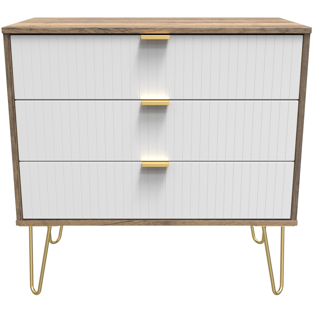 Crowndale 3 Drawer White Matt and Vintage Oak Wide Chest of Drawers Ready Assembled Image 3