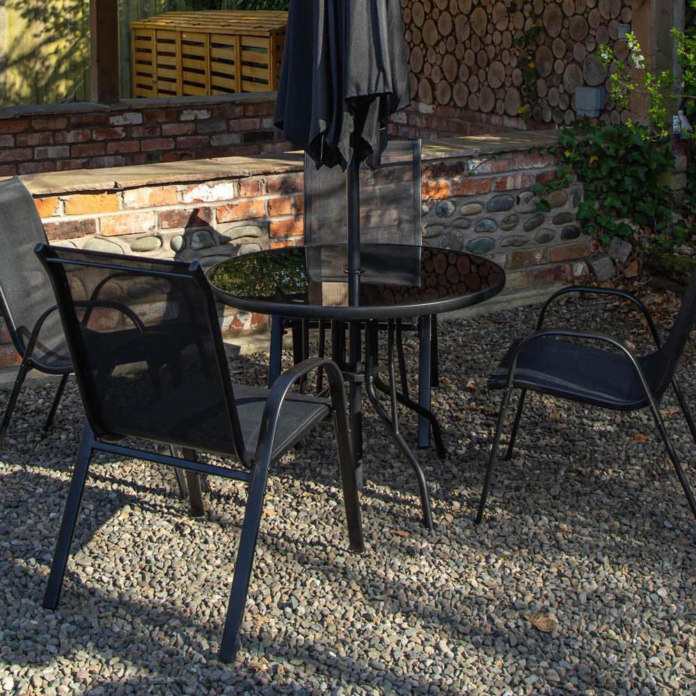 Samuel Alexander 4 Seater Glass Top Stackable Dining Set with Grey Havana Parasol and Base Image 3