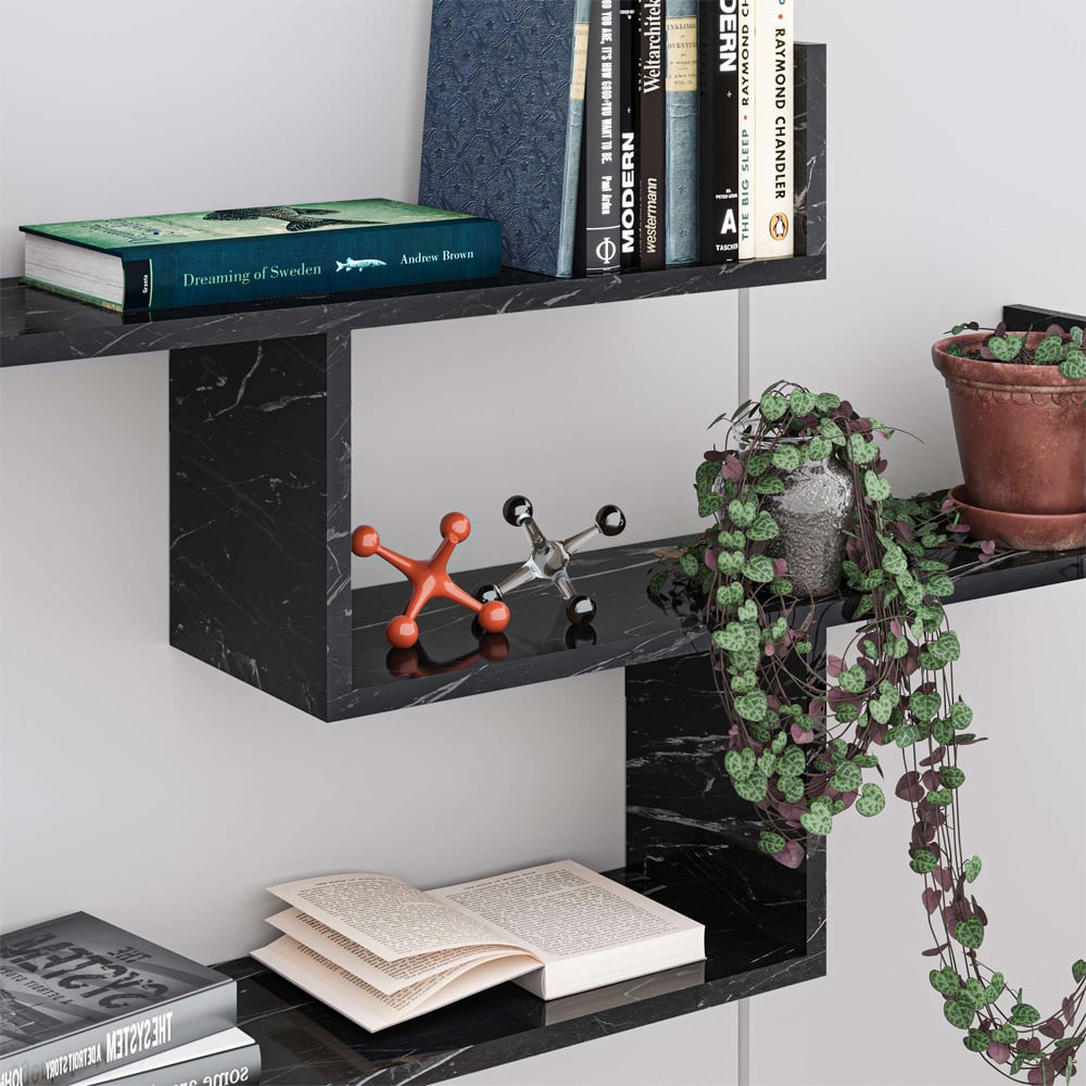 Decortie Tibet Black Marble Effect 3 Tier Wall Mounted Bookcase Display Unit Image 3