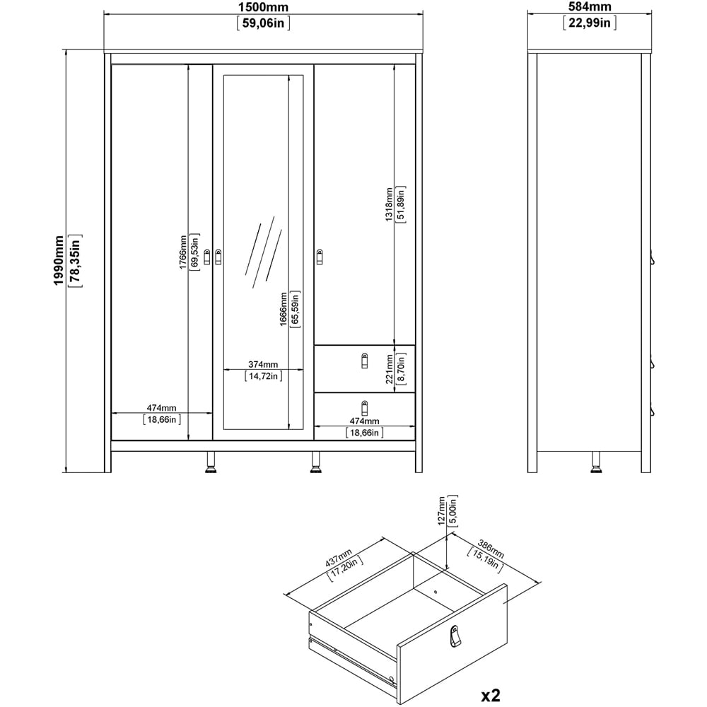 Florence Barcelona 3 Door 2 Drawer Cashmere Wardrobe with Mirror Image 7