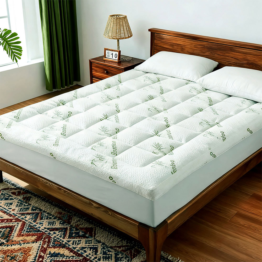 Living and Home Single White and Green Bamboo Leaf Quilted Mattress Topper Image 7