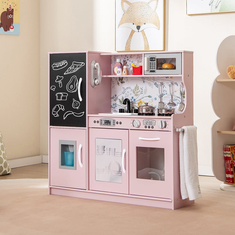 Costway Toddler Cream Pink Kitchen Play Set with Accessories and Simulated Sounds Image 2
