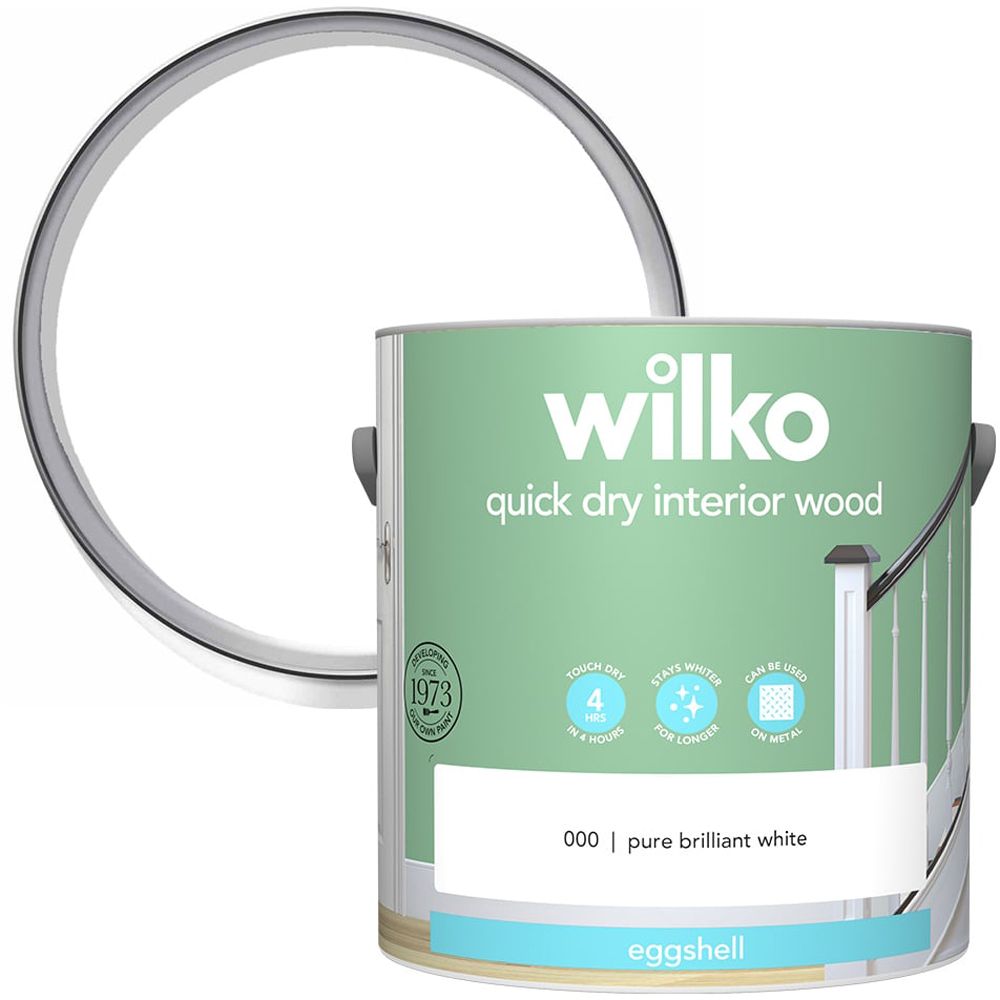 Wilko Quick Dry Interior Wood Pure Brilliant White Eggshell Paint 2.5L Image 1