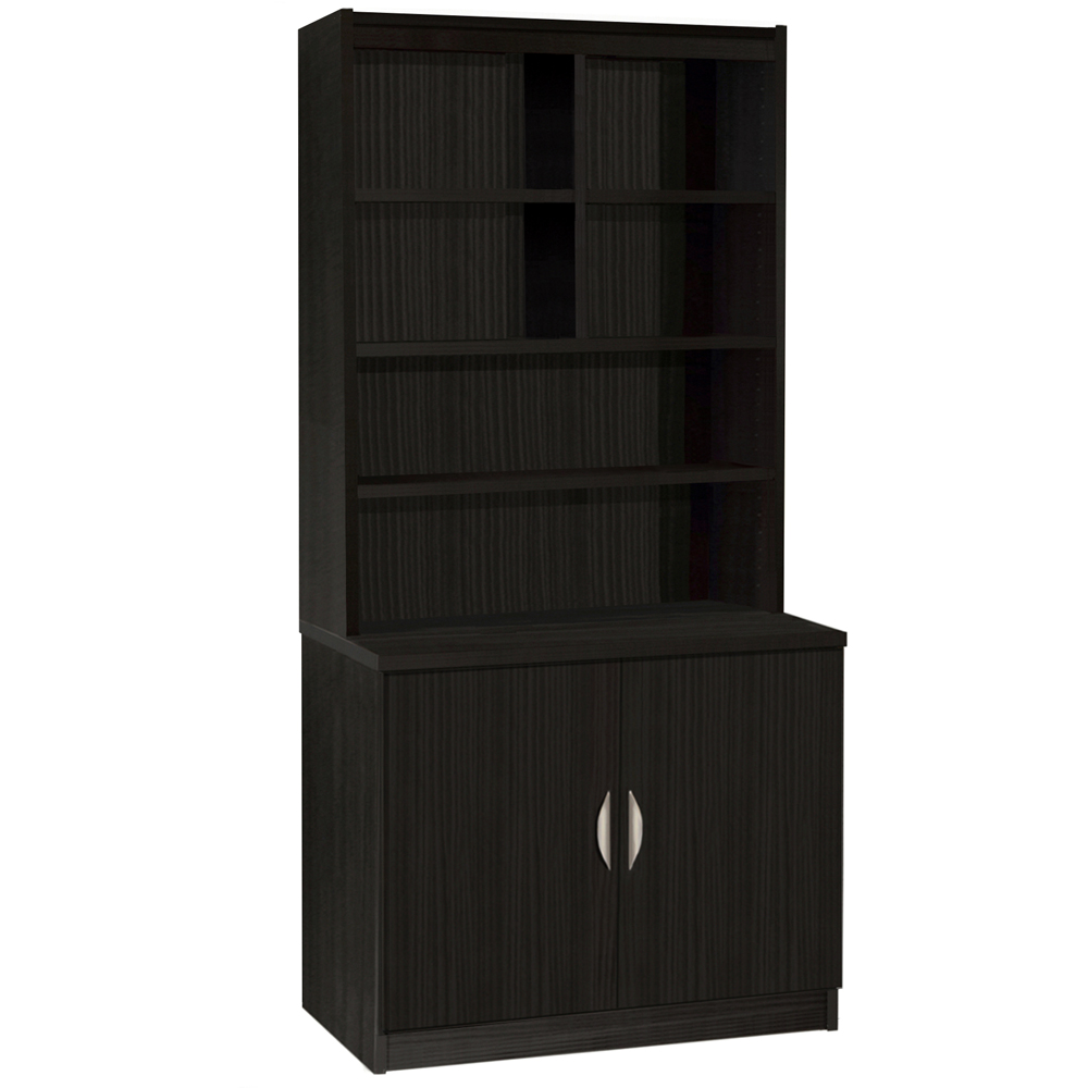 R White Cabinets 2 Door 6 Shelf Black Desk Height Wide Cupboard with Hutch Image 2