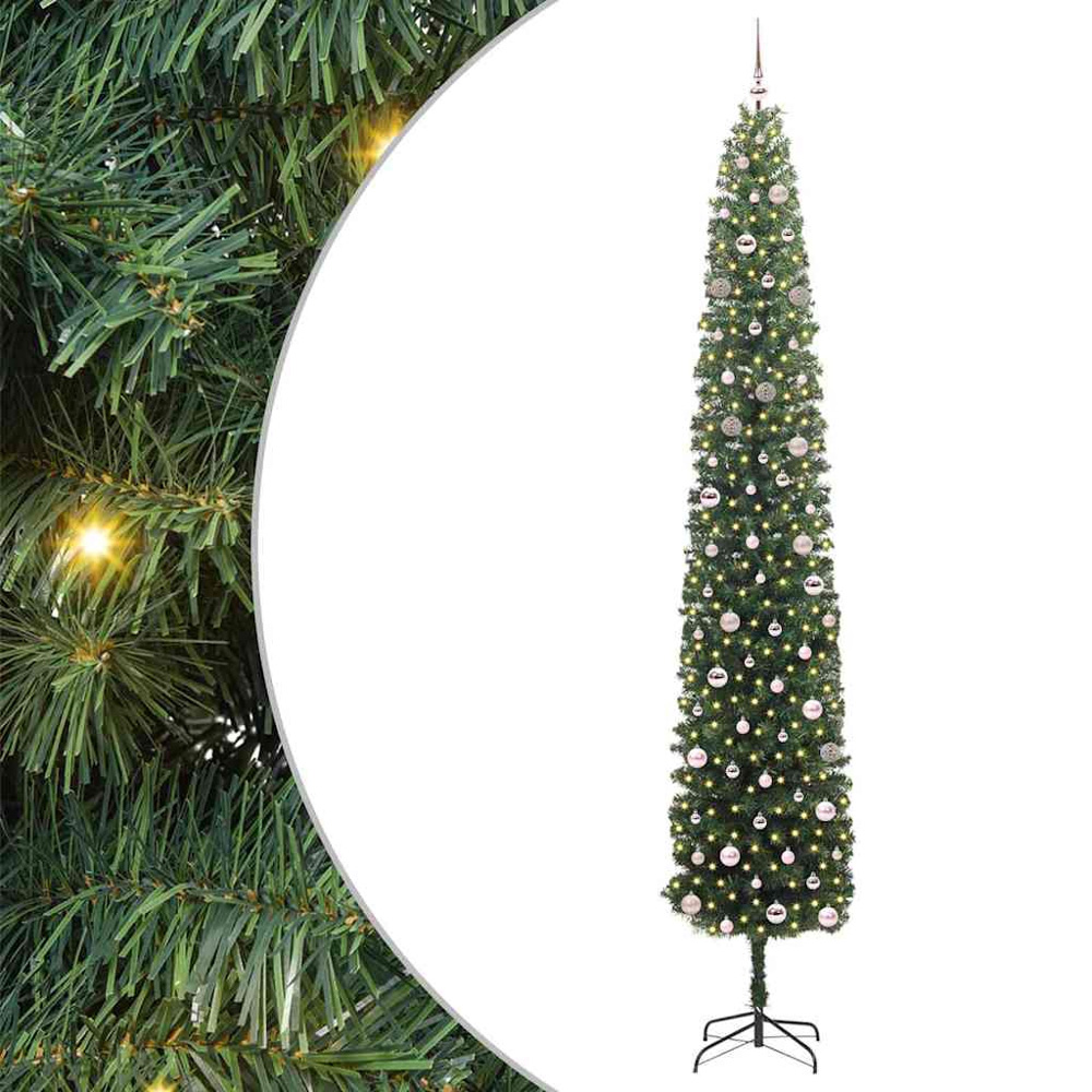 vidaXL Green Artificial Christmas Tree with LEDs Pink Decoration Ornaments 10ft Image 2