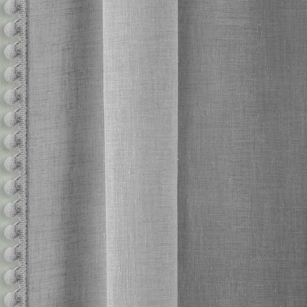 Tyrone Textiles Tahiti Grey Linen Look Pom Pom Trim Rod Pocket Voile Panel Curtains 140 x 122cm Image 3