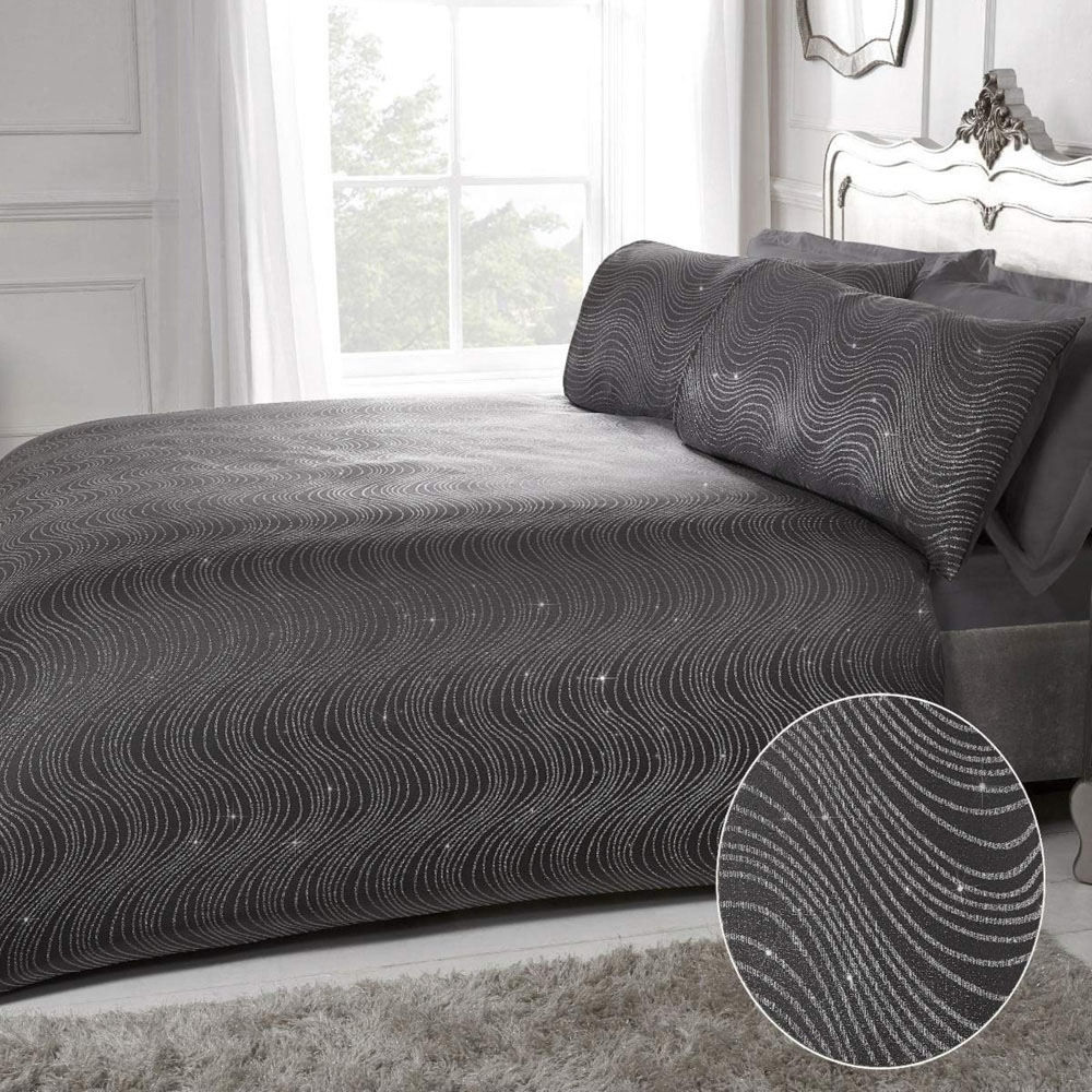 Smart Living Super King Size Charcoal Lurex Jacquard Swirl Duvet Cover Set Image 1