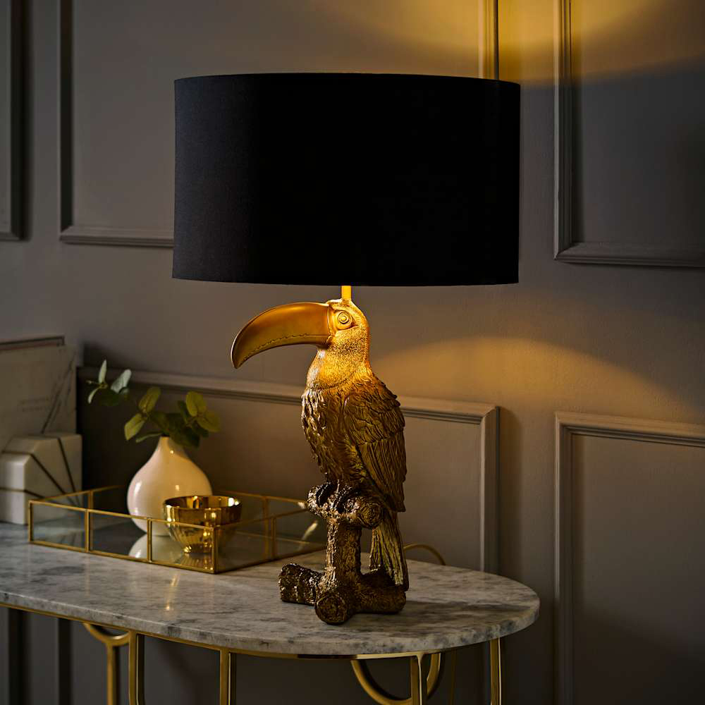 ValueLights Tuki Toucan Gold and Black Velvet Shade Brushed Bronze Table Lamp with Bulb Image 6