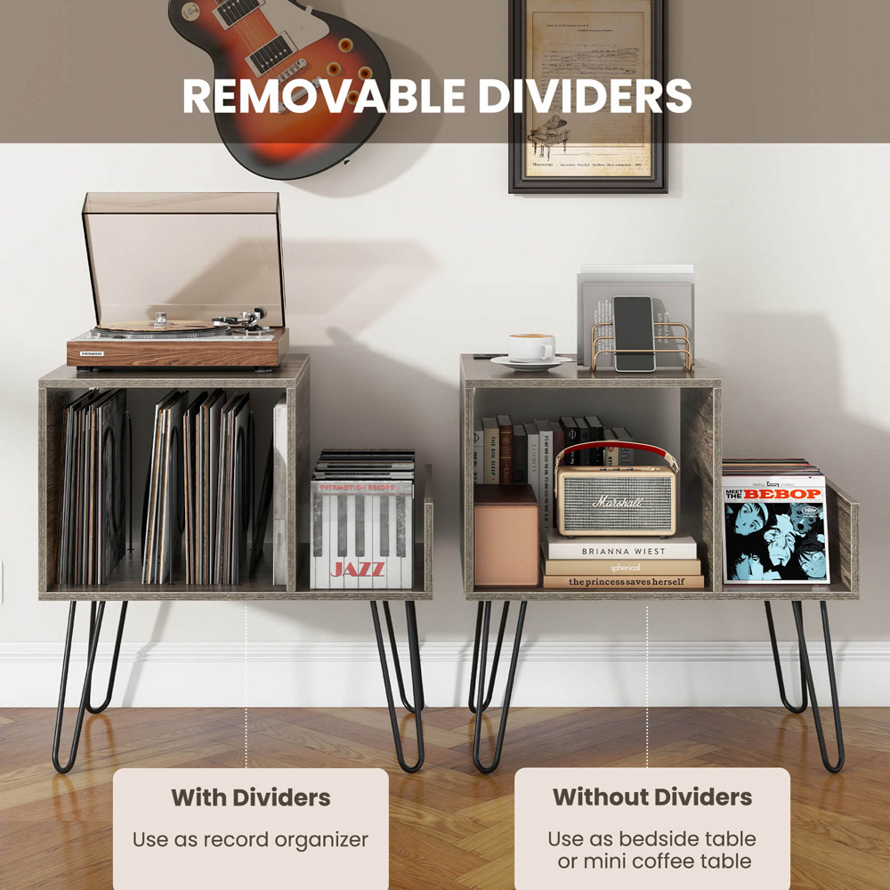 Costway Grey Record Player Stand with Power Outlet and Removable Dividers Image 8