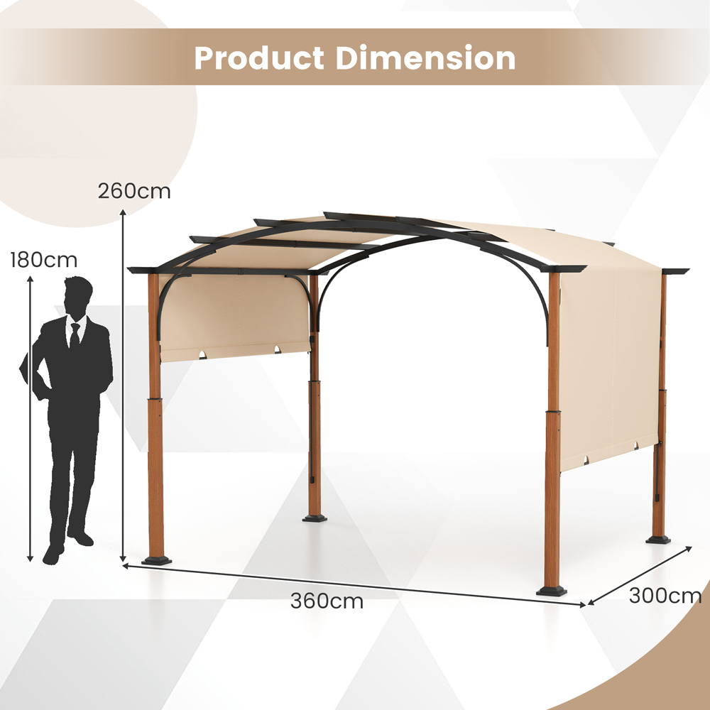 Costway 3 x 3.6m Beige Arched Retractable Pergola with Canopy Image 9
