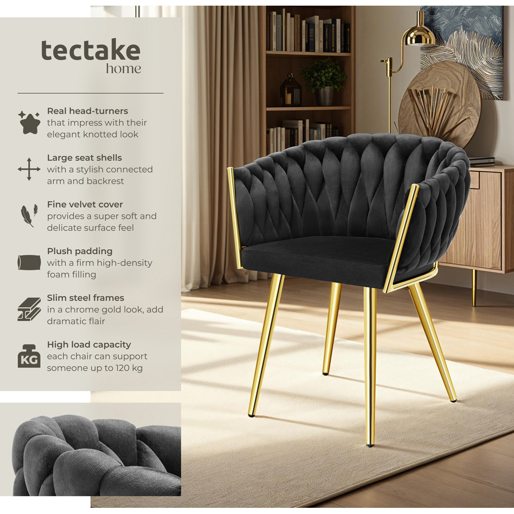 tectake Astano Set of 6 Black and Gold Velvet Padded Knot Design Dining Chair Image 3