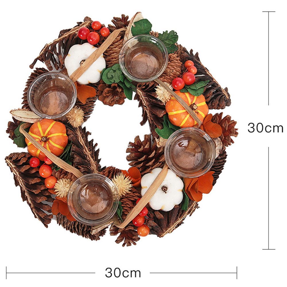 Living and Home Wreath Candle Holder with Maple Cone Berries and Pumpkins 30cm Image 9