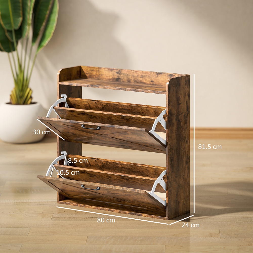 HOMCOM 2 Flip Down Drawer Single Shelf Rustic Brown Narrow Shoe Cabinet Image 9