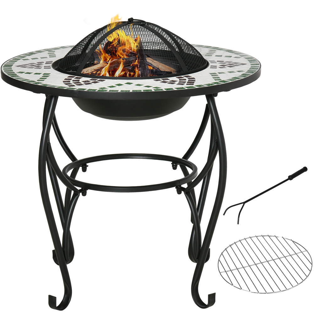 Outsunny 3 in 1 Mosaic Fire Pit with BBQ Grill and Spark Screen Image 1