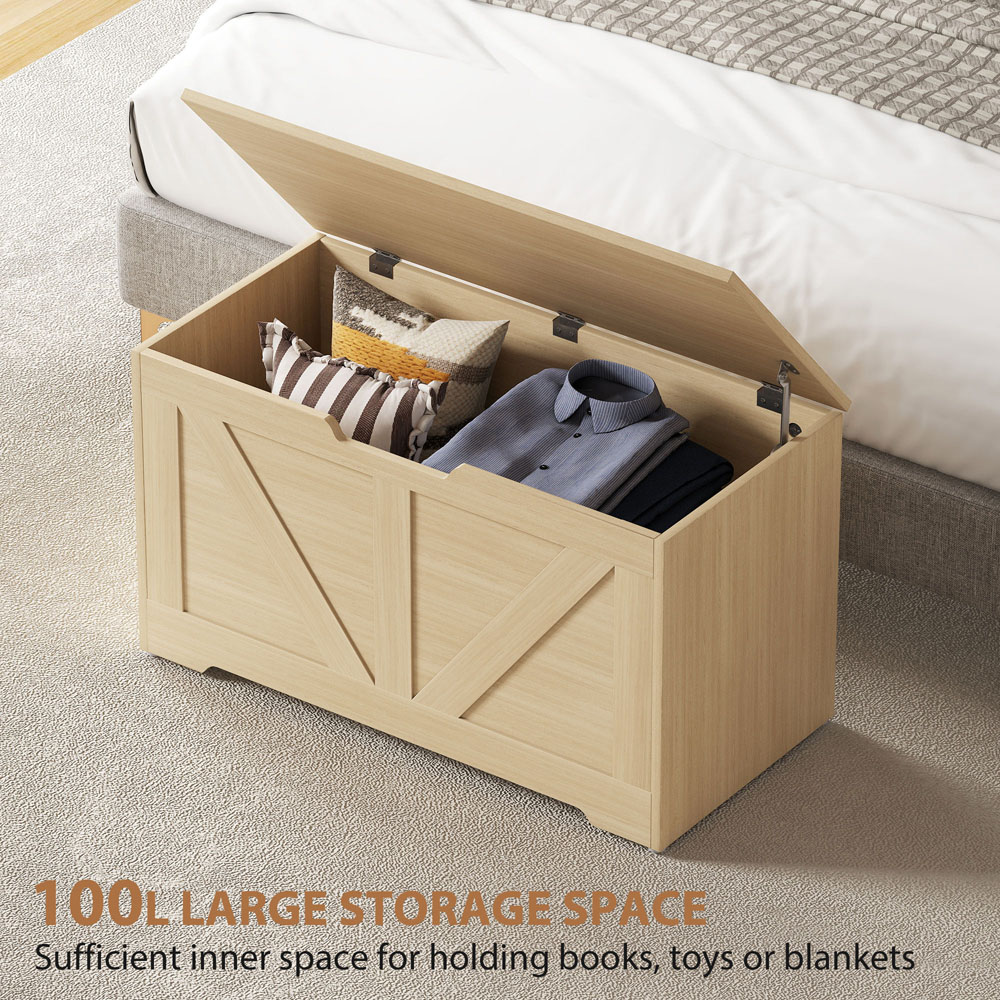 HOMCOM Natural Wood Finish Storage Trunk with 2 Safety Hinges 100L Image 8