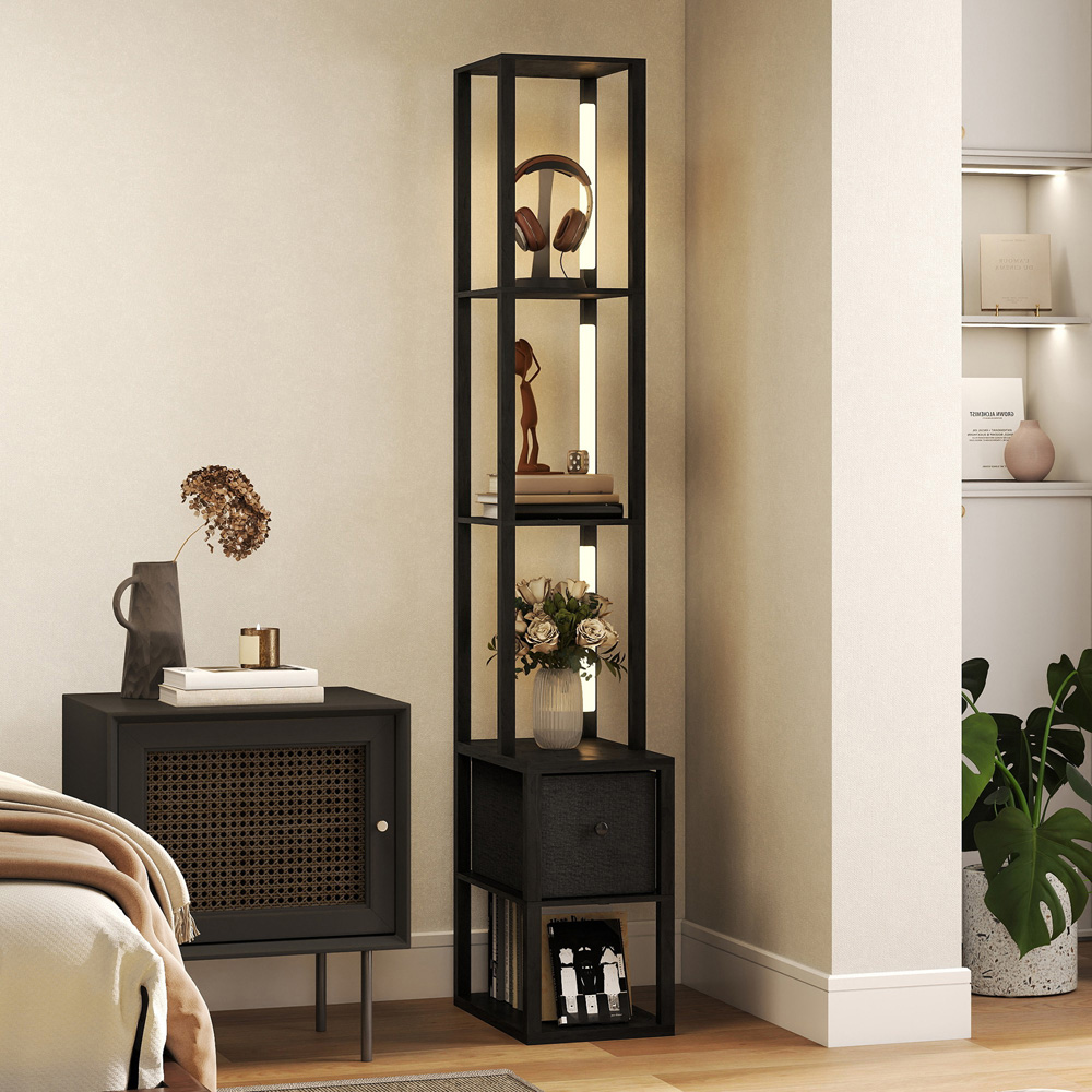 HOMCOM Single Drawer 4 Shelf Black LED Floor Lamp Image 3