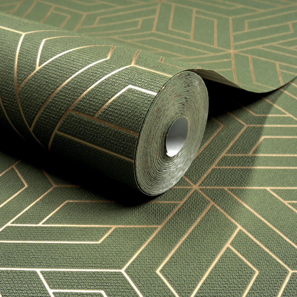 Grandeco Cobra Geometric Metallic Green Vinyl Wallpaper Image 2