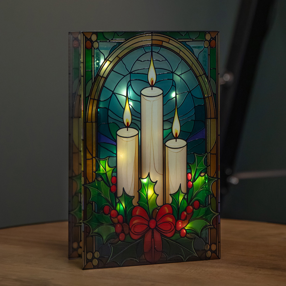 Samuel Alexander 50 Warm White LED Candles and Holly Light Up Stained Glass Decoration 21cm Image 2