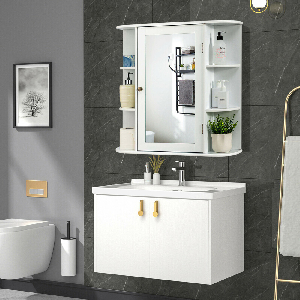 Costway Single Door 6 Shelf White Mirrored Wall Mounted Bathroom Cabinet Image 3