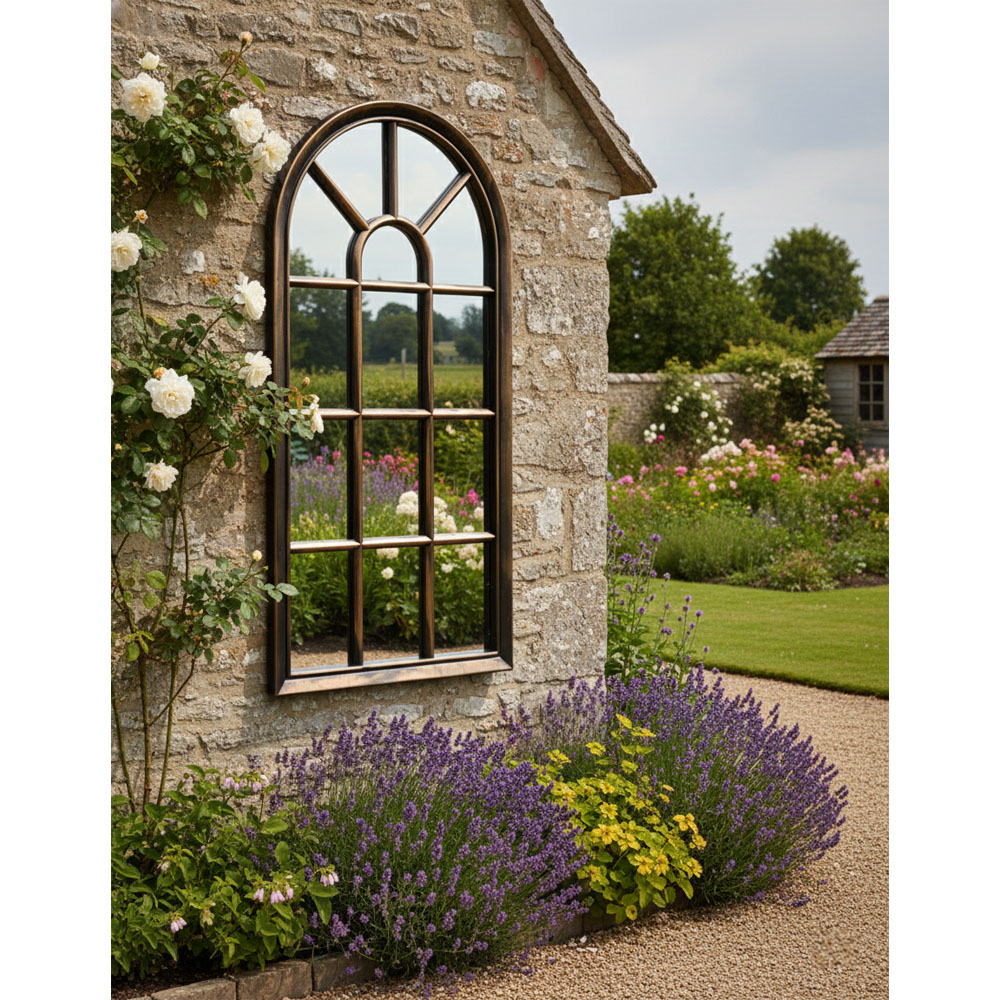 Avilo Antique Bronze Effect Arched Garden Wall Mirror 70 x 35cm Image 3