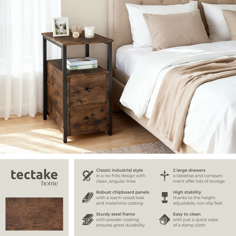 tectake Tullamore 2 Drawer Dark Industrial Wood Rustic Bedside Table Image 3