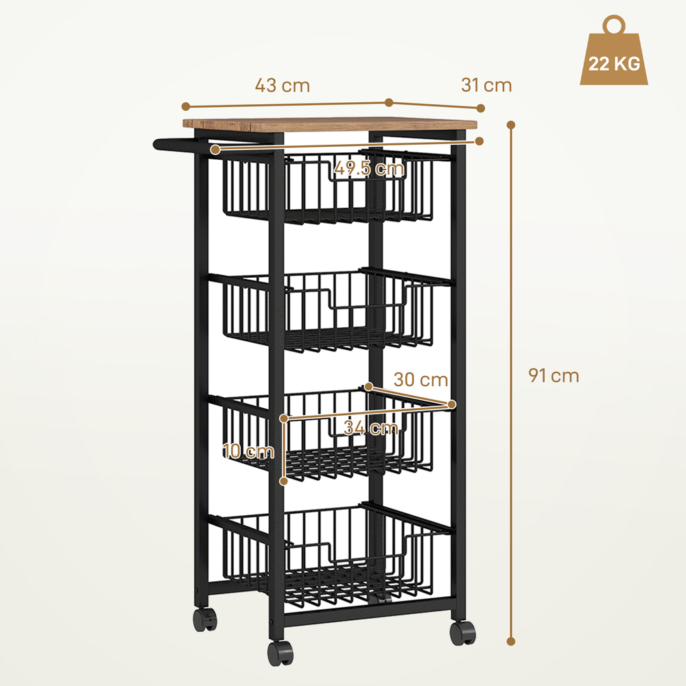 Portland 4 Tier Oak Kitchen Island Trolley with Pull-Out Baskets Image 9