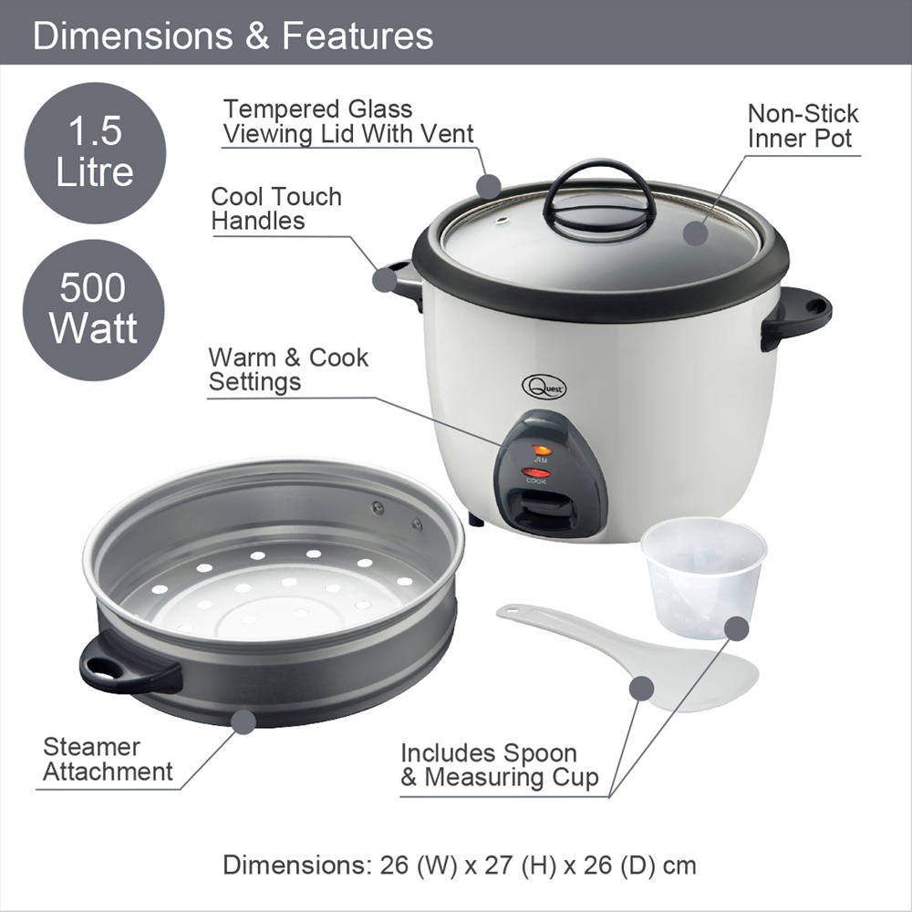 Quest 3 in 1 White 1.5L Rice Cooker and Steamer 500W Image 7