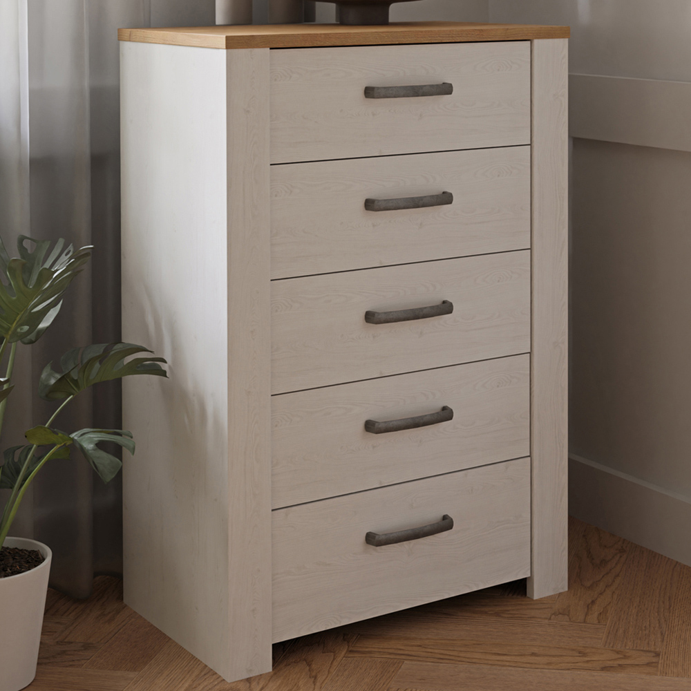 Florence 5 Drawers Riviera Oak and Navy Narrow Chest of Drawers Image 1