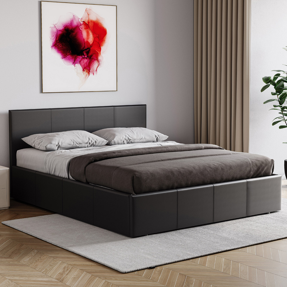 VIDA DESIGNS Lisbon King Size Black Faux Leather Ottoman Bed with Gel Memory Foam Mattress Image 1