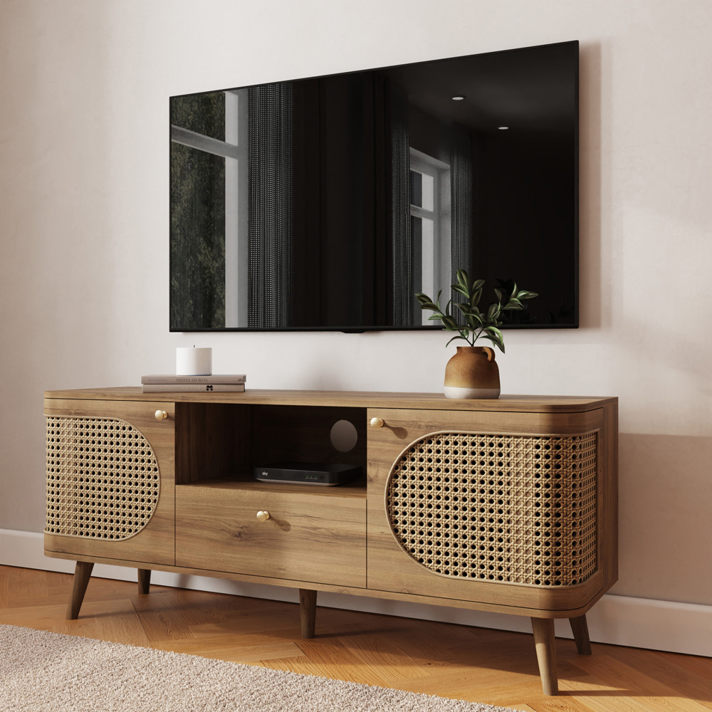 GFW Sorrel 2 Door Single Drawer Single Shelf Oak Rattan TV Unit Image 7
