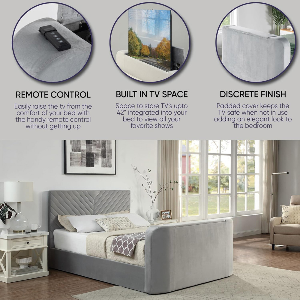 Home Treats King Size Grey Velvet Ottoman TV Bed Image 7