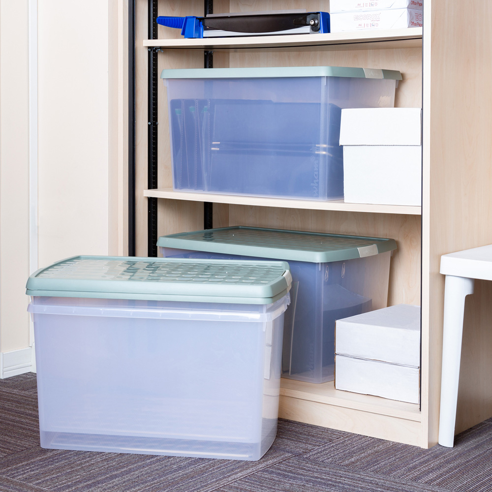 Wham Clip 62L Clear Green Milieu and Stone Rectangular Storage Box with Lid 4 Pack Image 2