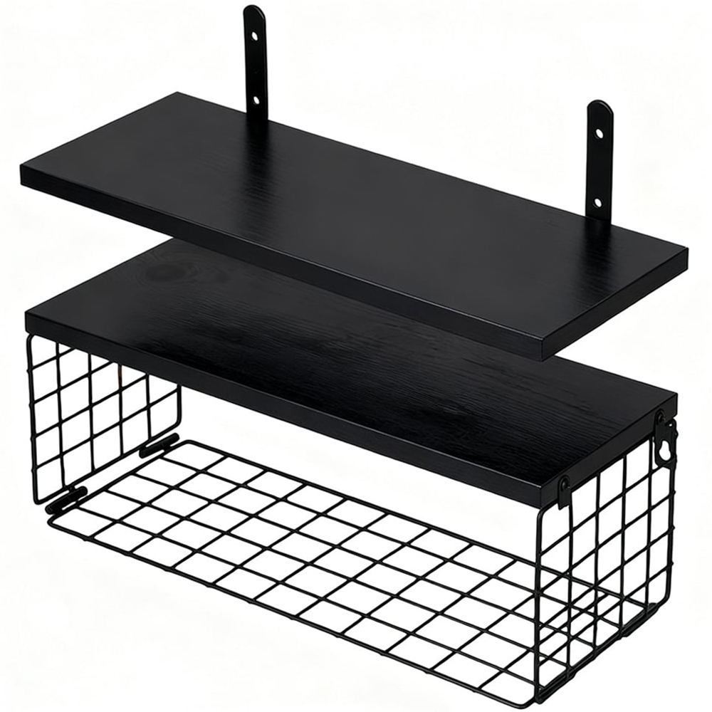Living and Home Black 2-Tier Wall-Mounted Floating Shelf with Wire Basket Image 2