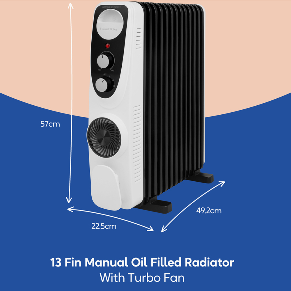 Russell Hobbs RHOFR2403 White and Black 13 Fin Manual Oil Filled Radiator Turbo Fan 2500W Image 9