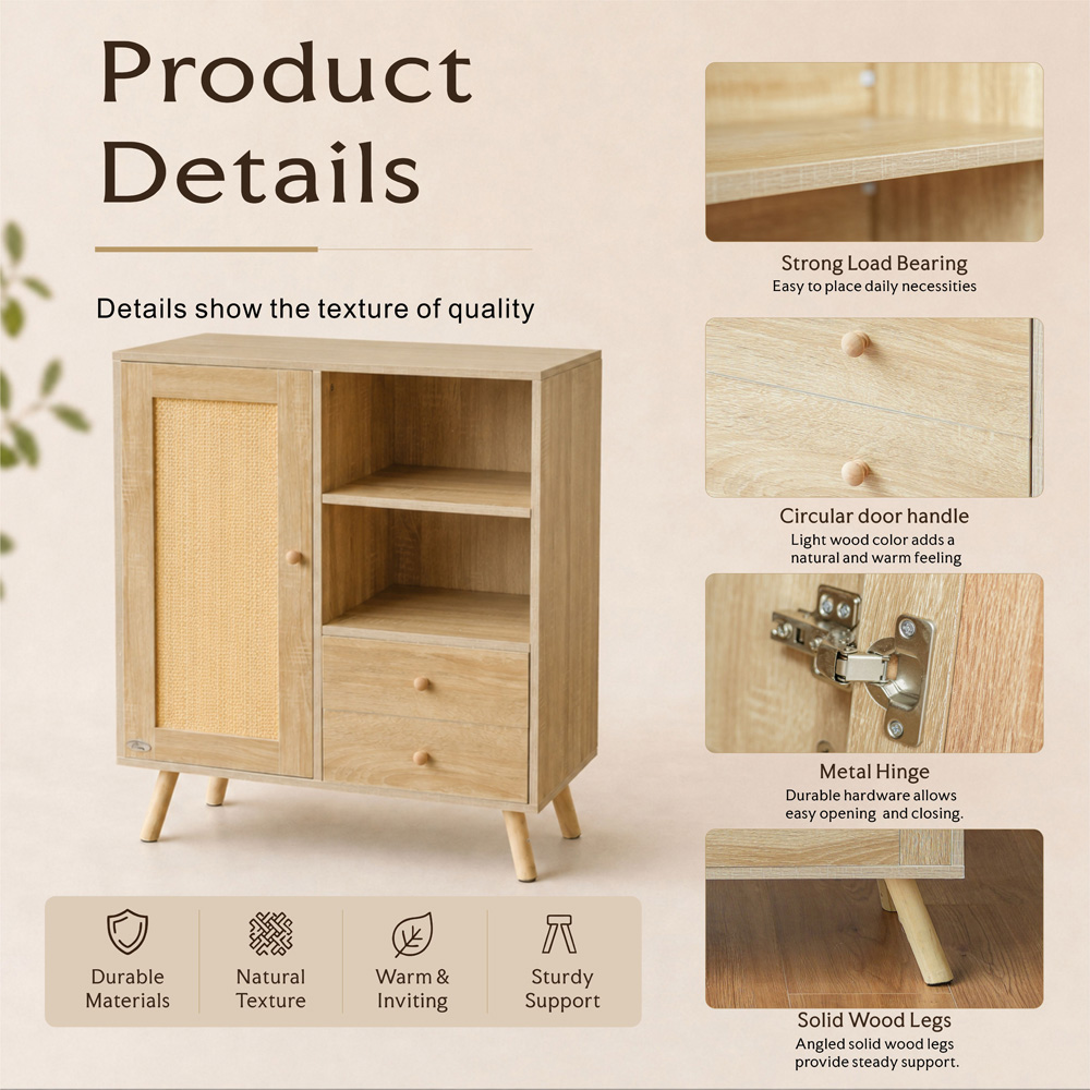 Abrihome Single Door 2 Drawer 2 Shelf Natural Wooden Rattan Side Cabinet Image 5