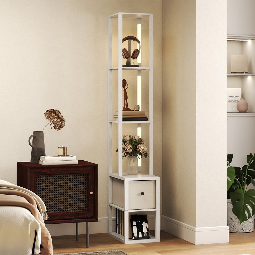 HOMCOM Single Drawer 4 Shelf White LED Floor Lamp Image 3
